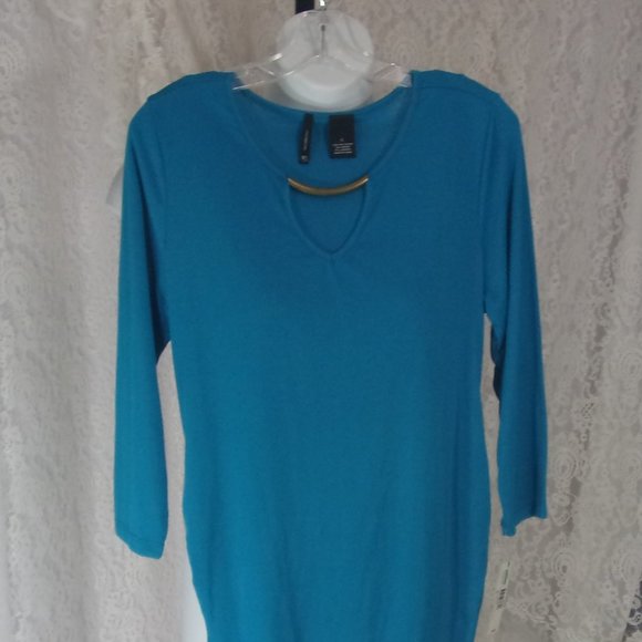 New Direction Teal Blue Top Blouse Gold Metal Bar at Neckline - Picture 1 of 4